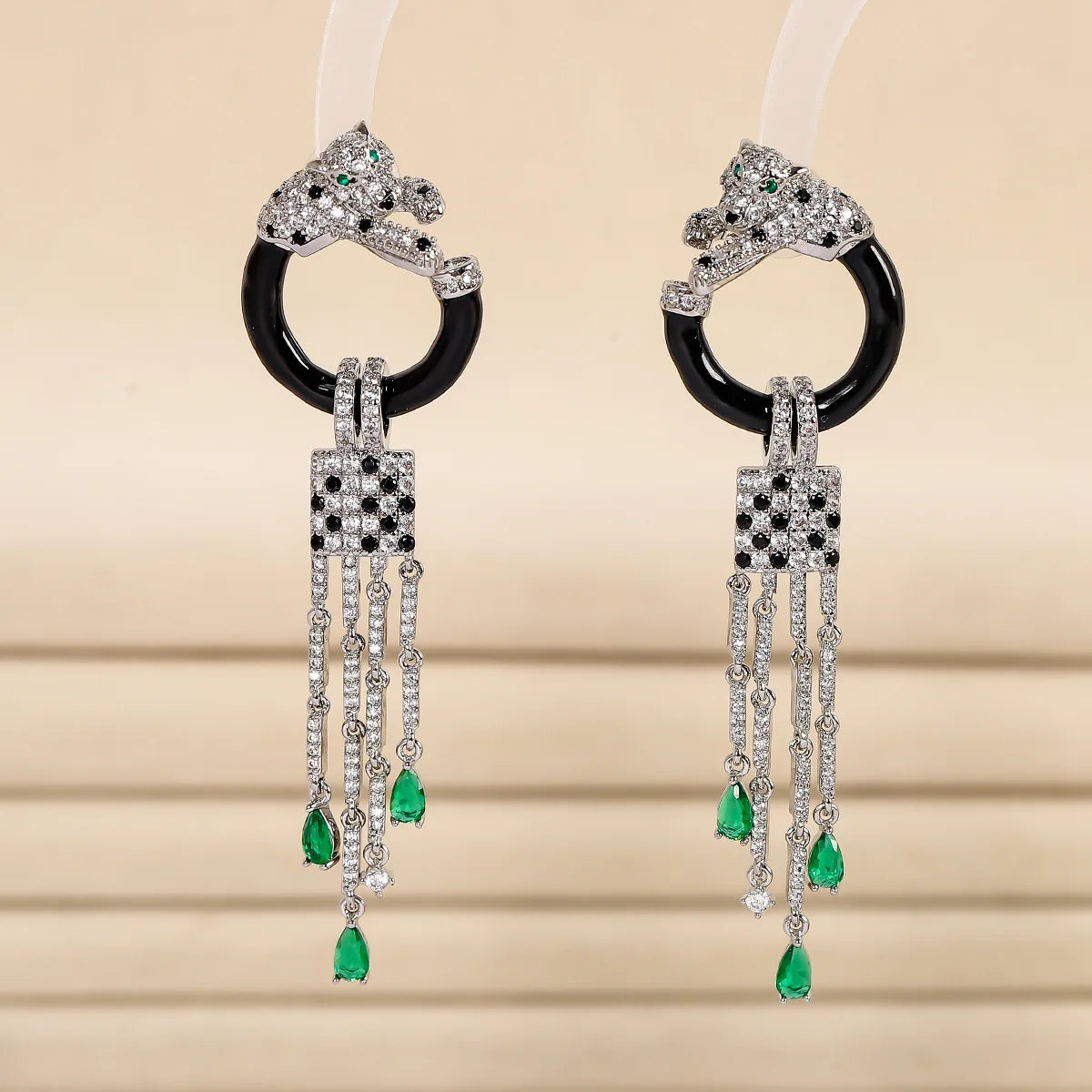 Women New openwork Earrings 925 Silver Needle Leopard Head Tassel inset Zircon