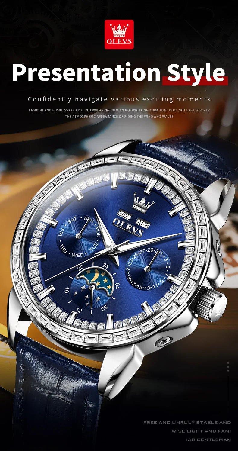 Moon Phase Leather Luxury Watch Diamond Bezel With Automatic Movement 41mm Case — Blue | KIMLUD