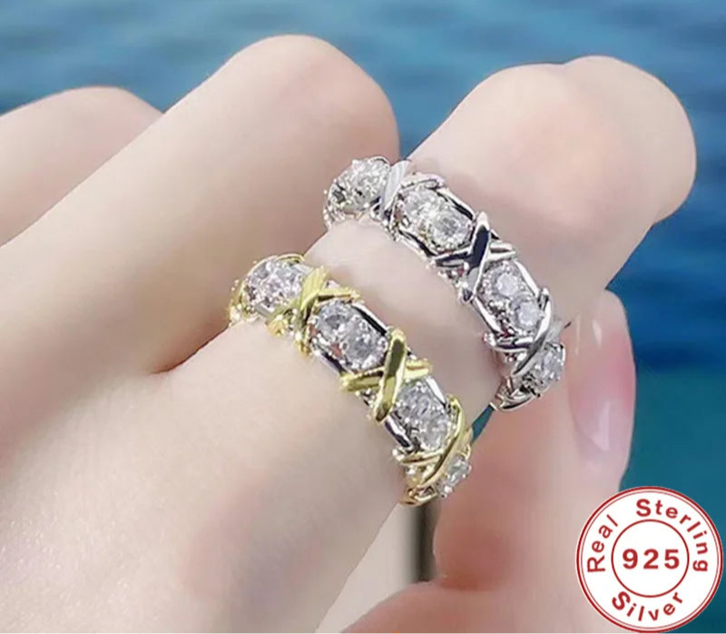 KIMLUD, Luxury 925 Sterling Silver Ring Interlaced With Aaa Zircon Crystal Ring For A Woman'S Engagement Jewelry Gift 2 Color Choices, KIMLUD Womens Clothes
