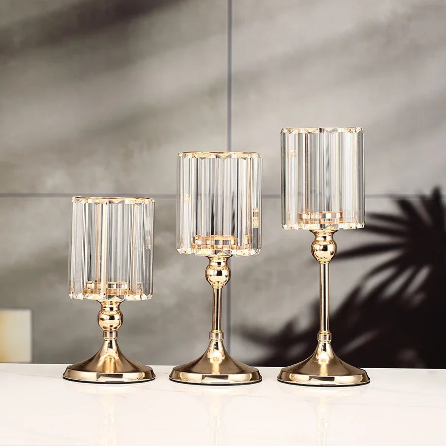 Crystal Gold-Toned Pillar Candle Holder For Dining Tables — Gold | KIMLUD