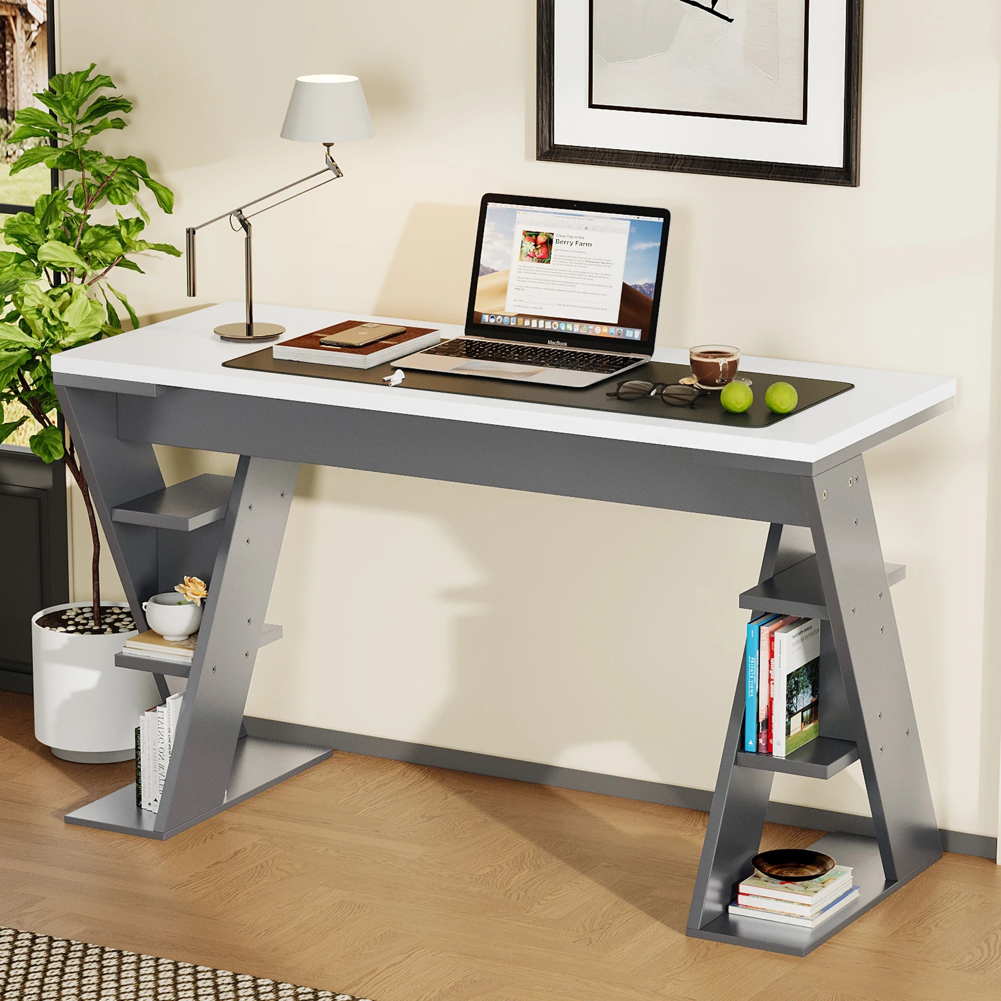 HOUSE SPOLE Computer table with X-shaped bracket, office table with 6 storage rack, Grey