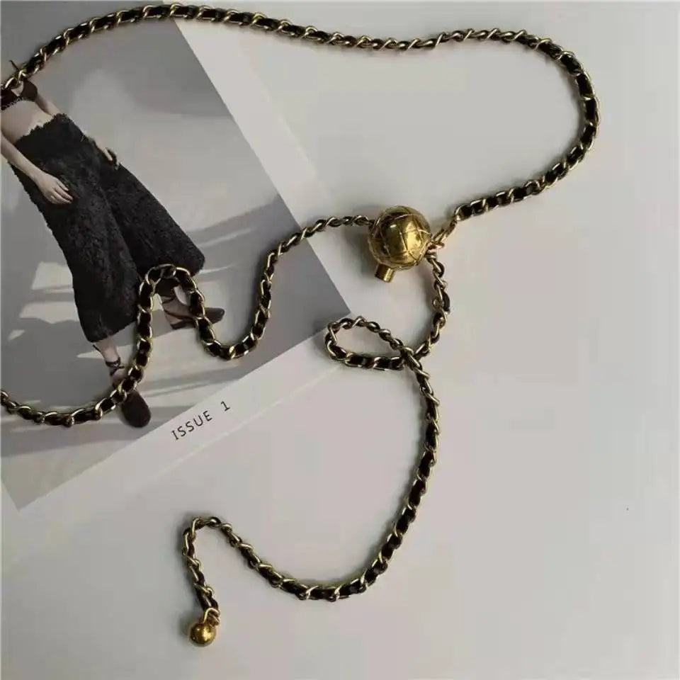 Metal Waist Chain Belt Chain Link Detail — Gold Tone | KIMLUD