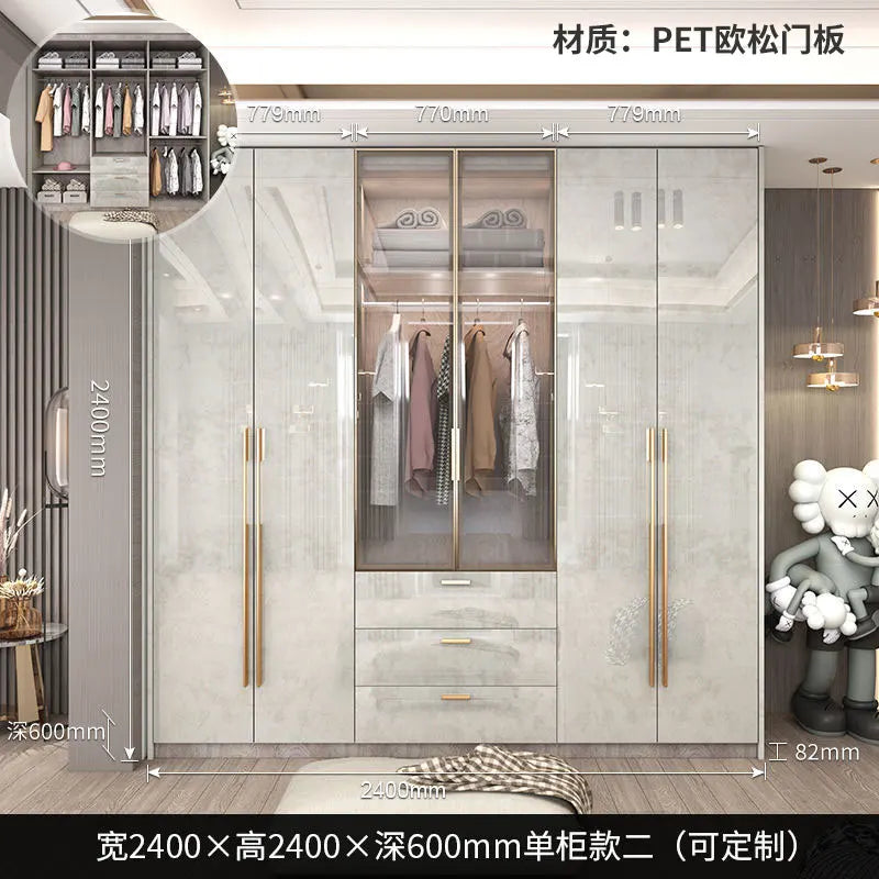 Glass Door Modern Wardrobe With Ample Storage And Brass Hardware — Pale Gray | KIMLUD