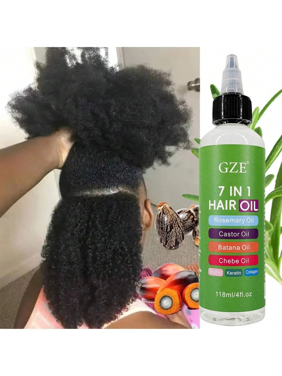 7-In-1 Hair Oil Infused With Rosemary Castor Batana Chebe Biotin Keratin — Green | KIMLUD
