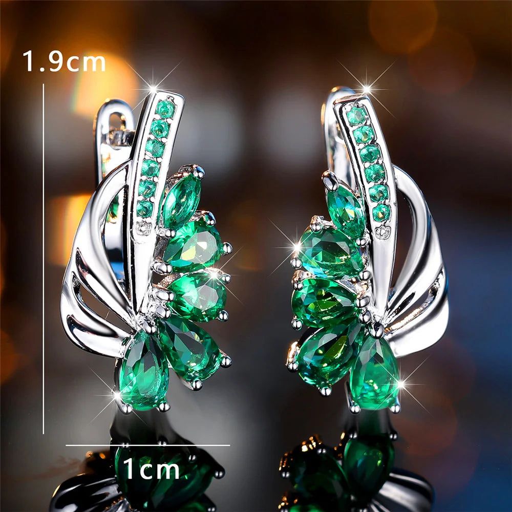 Gold Color Clip Earrings Water Drop Zircon — Blue Green | KIMLUD