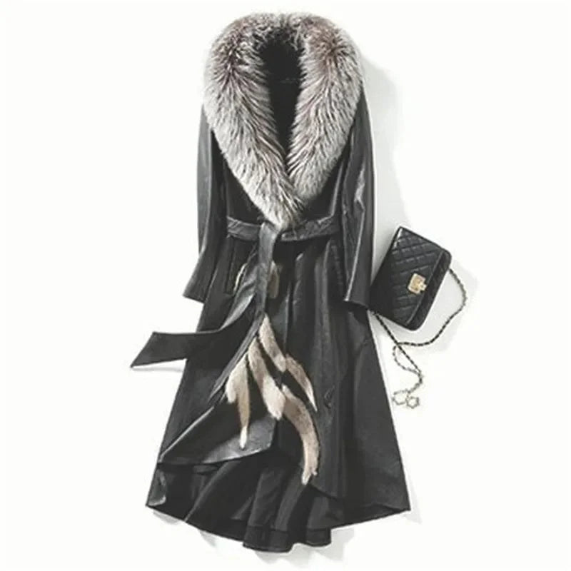 2025 New Women's PU Leather Jacket For Spring Autumn Slim Big Fur Collar Long Leather Coat Female Loose Leather Outerwear 7XL