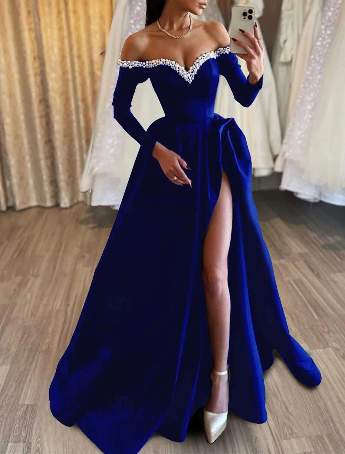 kimlud-a-line-evening-gown-black-dress-formal-masquerade-sweep-train-long-sleeve-off-shoulder-satin-pearls-slit-2025-free-customized-kimlud-womens-clothes-35043461