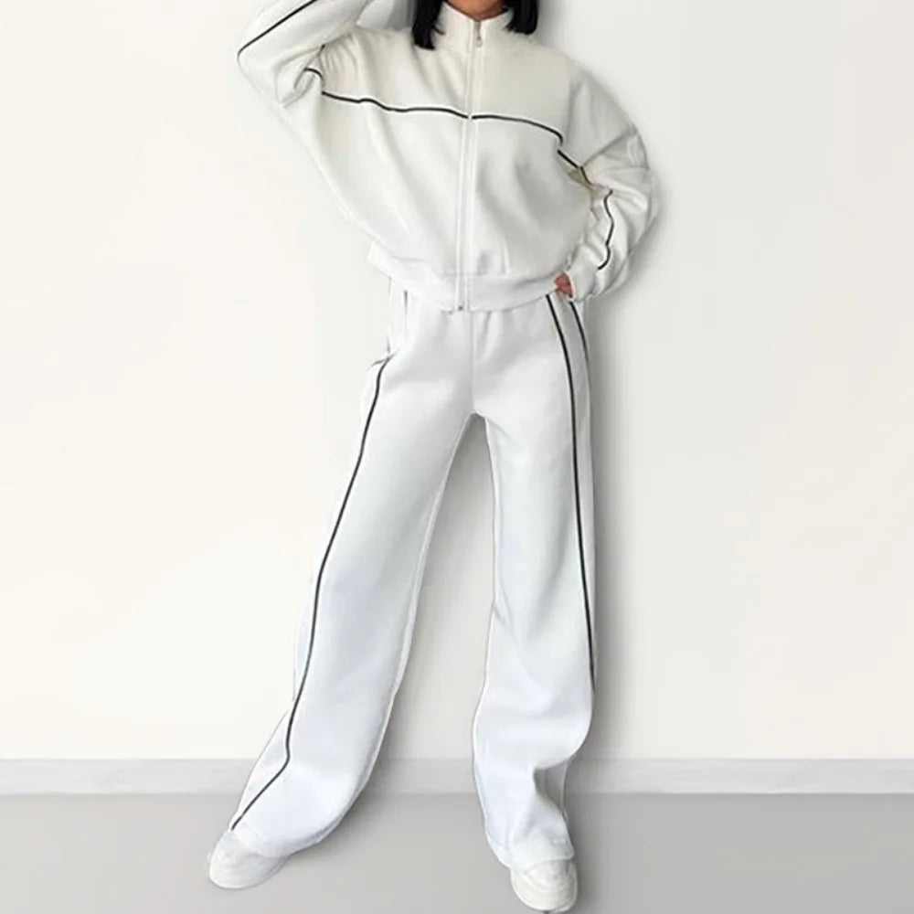 Polyester Tracksuit Set — Hooded Jacket With Pockets Two-Piece For Autumn Office Wear — Black | KIMLUD