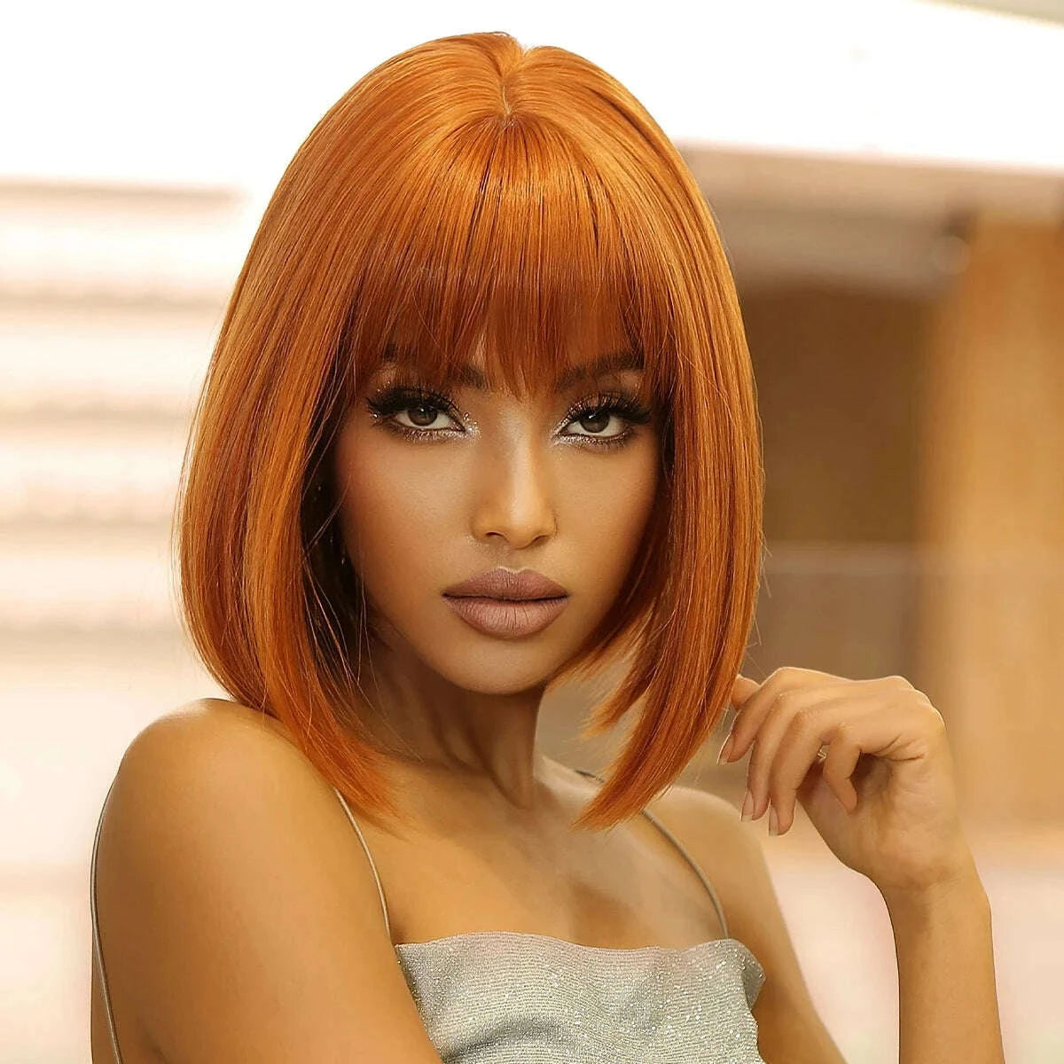 KIMLUD, Short straight synthetic wig Ginger Brown Bob wig with straight bangs Ladies Cosplay daily natural high temperature silk wig, KIMLUD Womens Clothes