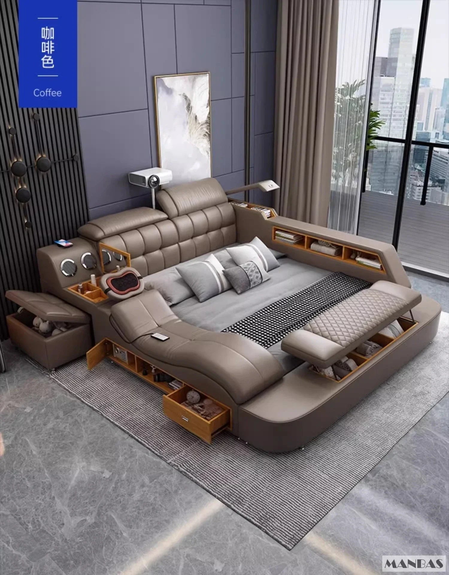 Genuine Leather King-Size Bed With USB Massage — Graphite Gray | KIMLUD