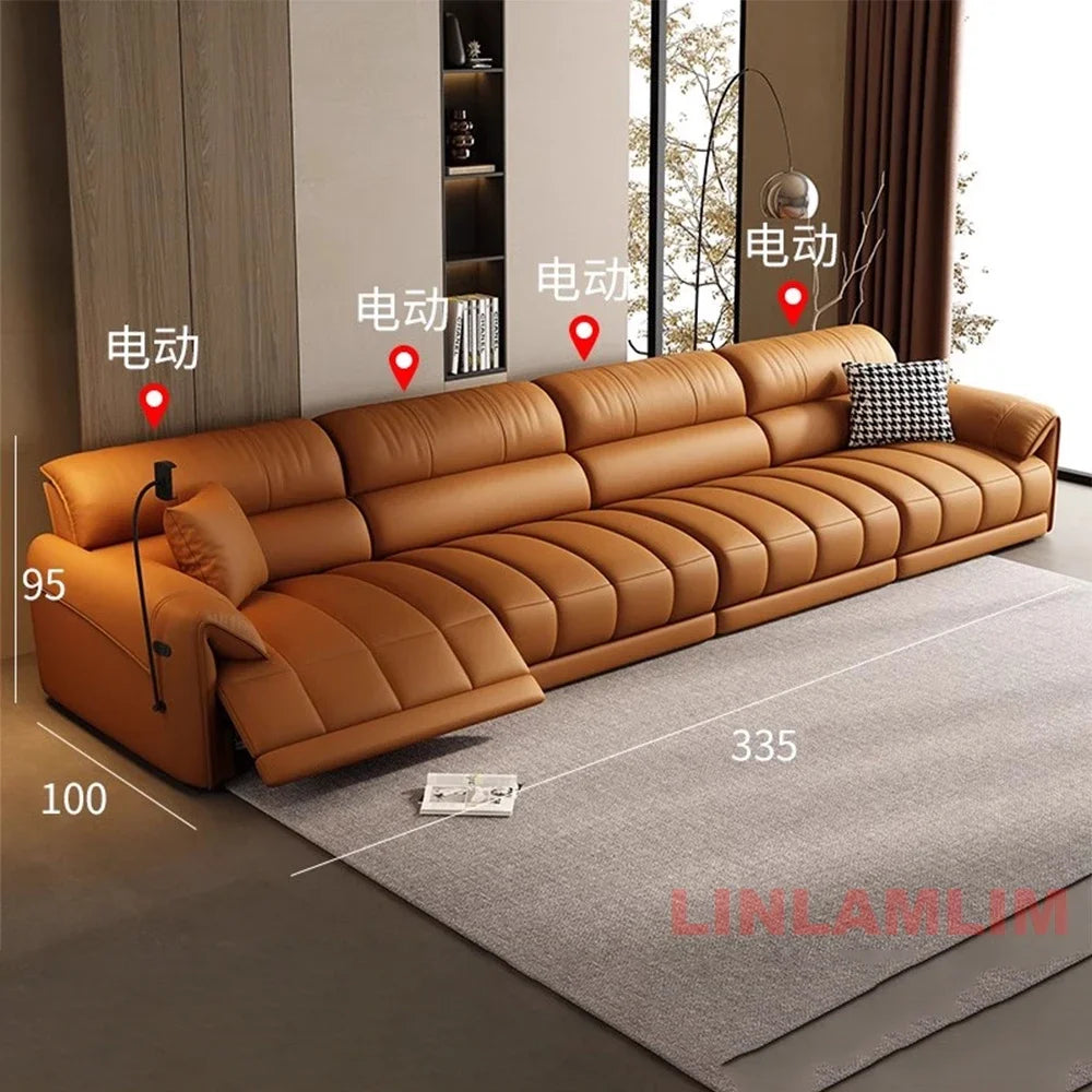 Italian Genuine Leather Electric Reclining Sofa With Adjustable Footrest USB And Foldable Center Console — Caramel Tan | KIMLUD