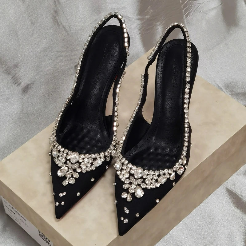 Dresses Satin Pointy Toe Heels With Rhinestones — Silver | KIMLUD