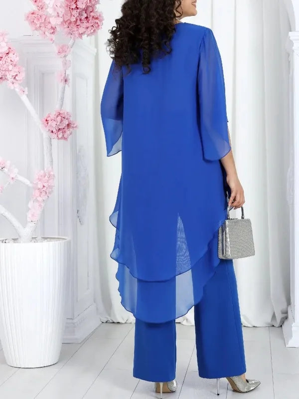 KIMLUD, Elegant 2 Pieces Sets Woman's Chiffon Solid Mid-Sleeve Layered ruffled edges Long Top & Straight-leg Trousers Pants Sets Outfits, KIMLUD Womens Clothes