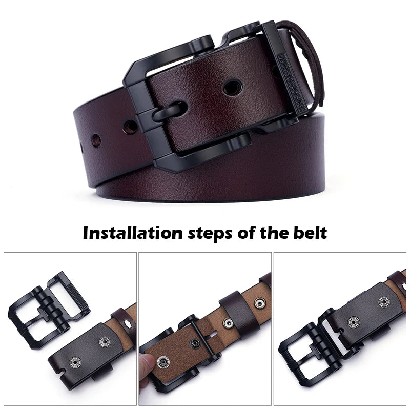 Cowhide Belt Vintage Pin Buckle — Deep Midnight Black | KIMLUD
