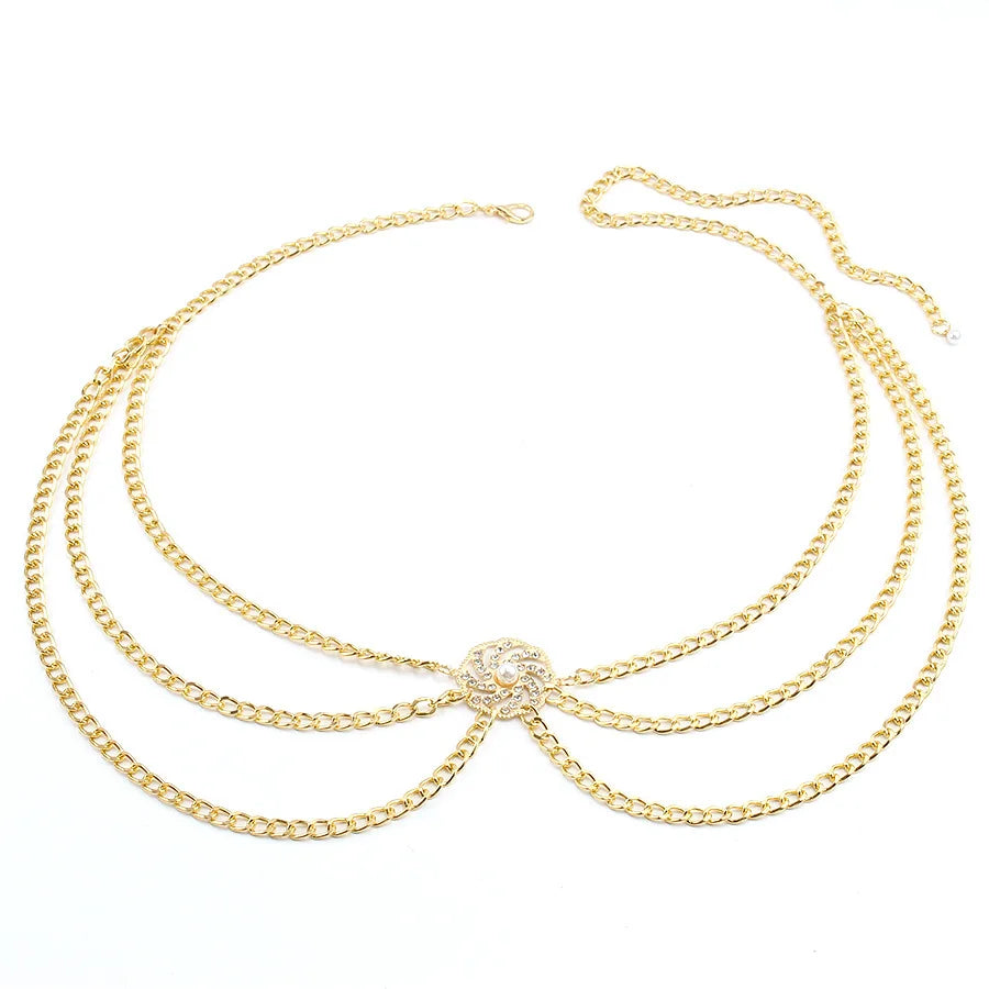 Gold-Tone Waist Chain Belt Diamond Pearl Disc Inlays With Radiant Faceting — Gold-Tone | KIMLUD