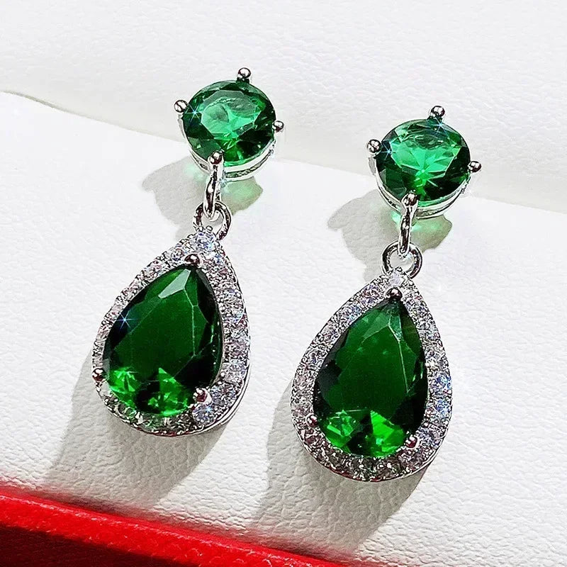 Cubic Zirconia Drop Earrings Water-Drop Inlaid — Emerald | KIMLUD