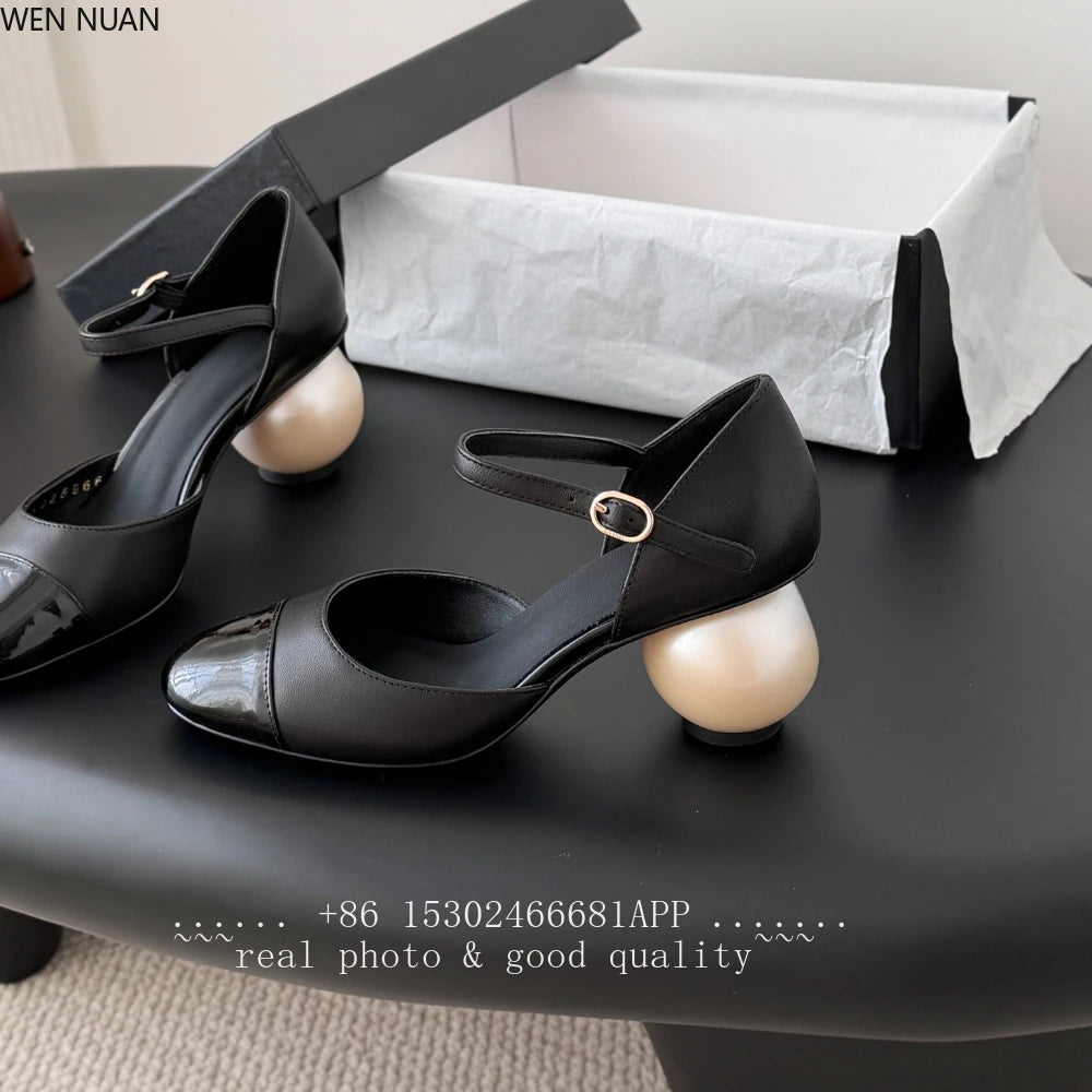 Genuine Leather Mary Jane Sandals With Pearl Heels — Beige-Tan | KIMLUD