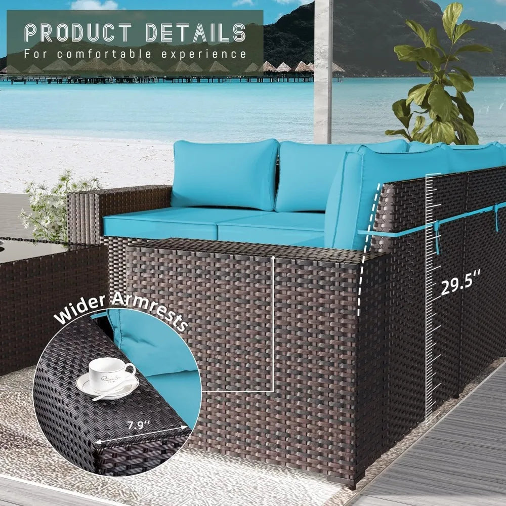 PE Rattan Wicker Outdoor Set Sectional Coffee Table — Turquoise Blue | KIMLUD