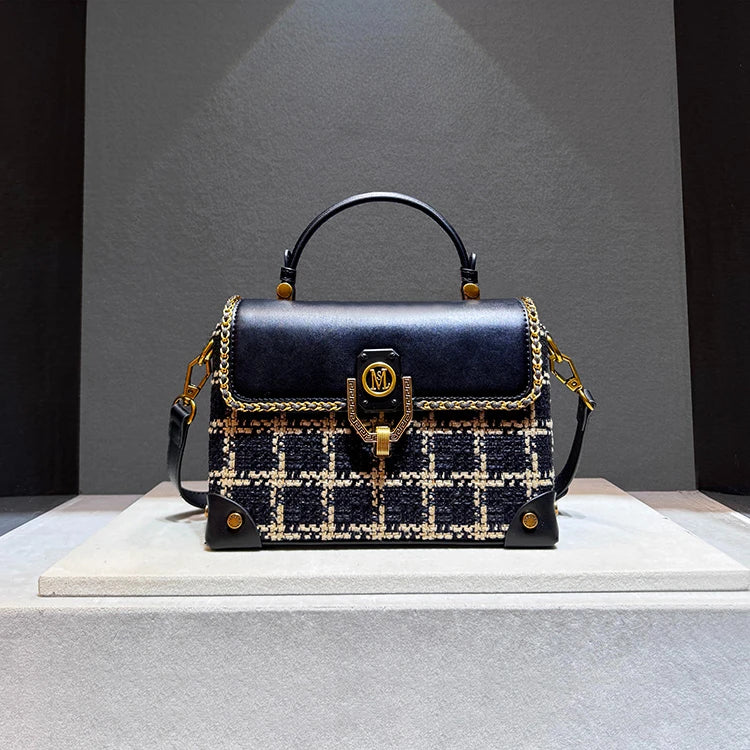 Leather Plaid Structured Crossbody Box Bag — Black | KIMLUD
