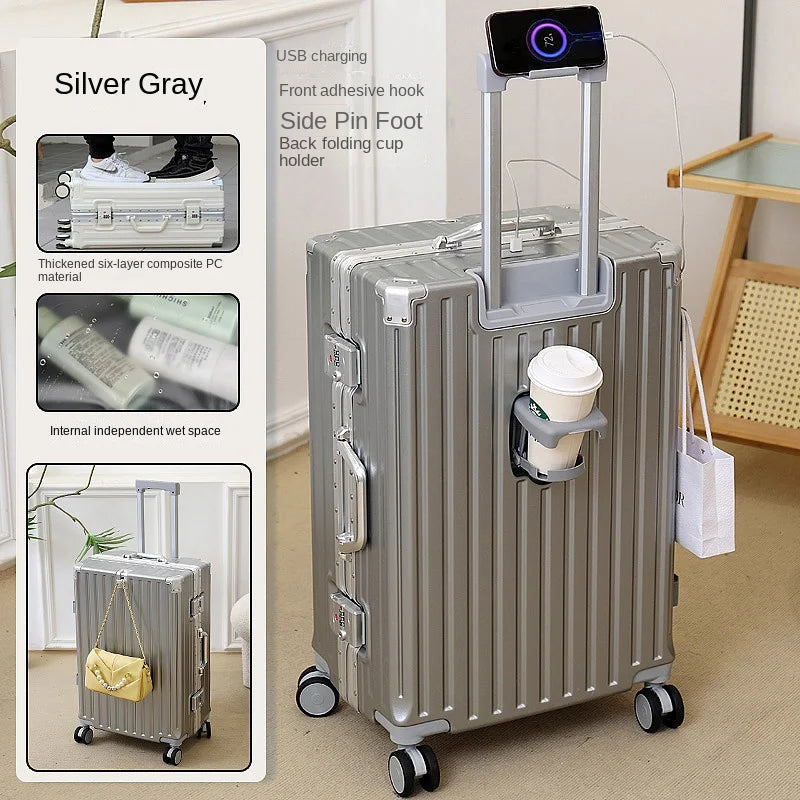 Multifunctional Luggage Aluminum Frame with USB Charging Port 30" High-capacity Suitcase 20-inch Travel Boarding Password Box