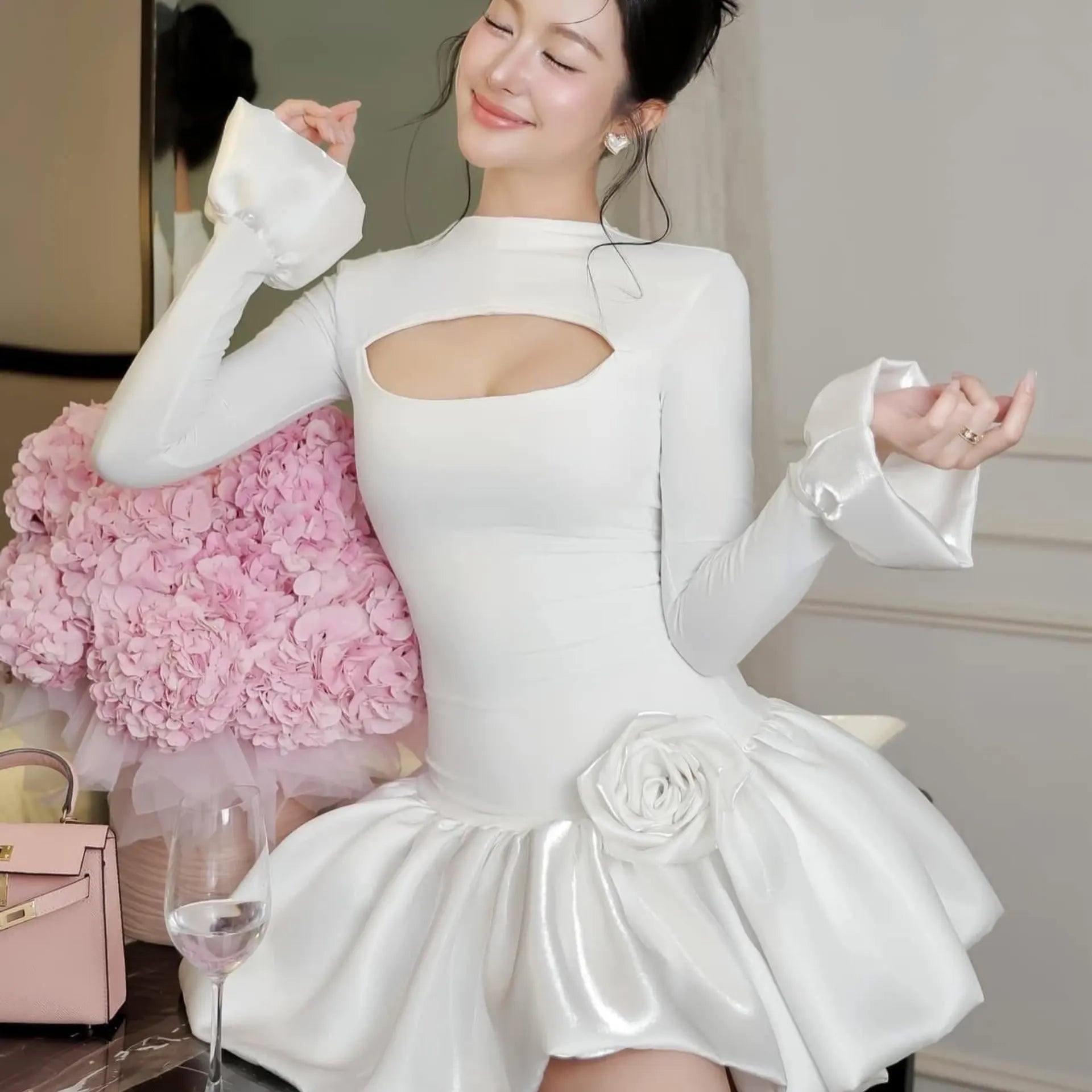 Romantic White Evening Dress with Ruffle Sleeves and Rose Applique - Ideal for Wedding, Party, and Cocktail Events 2026 New