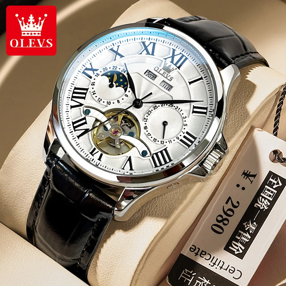 Stainless Steel Tourbillon Watch Moon Phase Calendar — Silver | KIMLUD