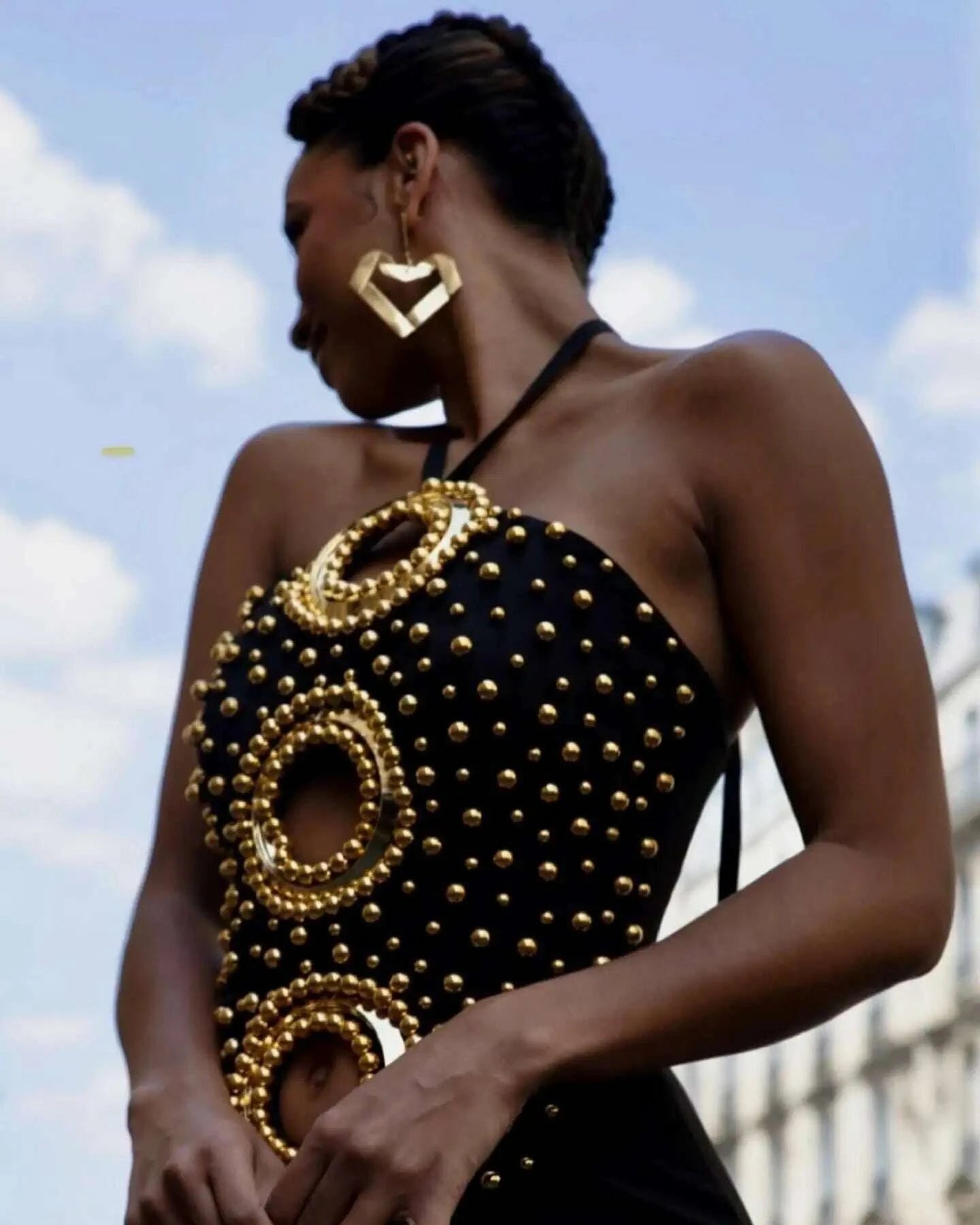 KIMLUD, Black Color Women Sexy Halter Off the Shoulder Golden Beading Bodycon Bandage Long Dress Evening Party Celebrate Outfit, KIMLUD Womens Clothes