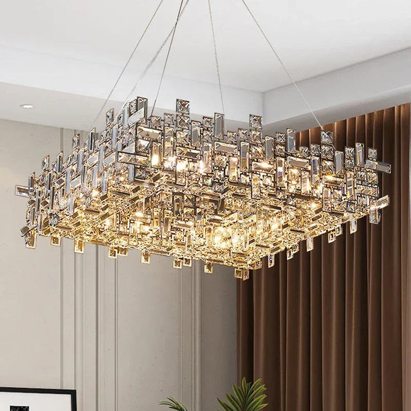 Postmodern light luxury square chrome crystal LED pendant light for living room dining room indoor home decoration E14 fixtures