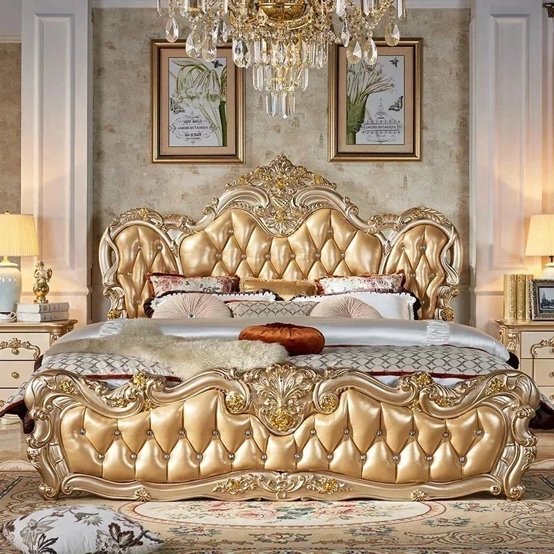 Luxury Gold Double Bed King Size Solid Wood Bedroom Set for Adults, Modern Princess Design Comfort Mattress