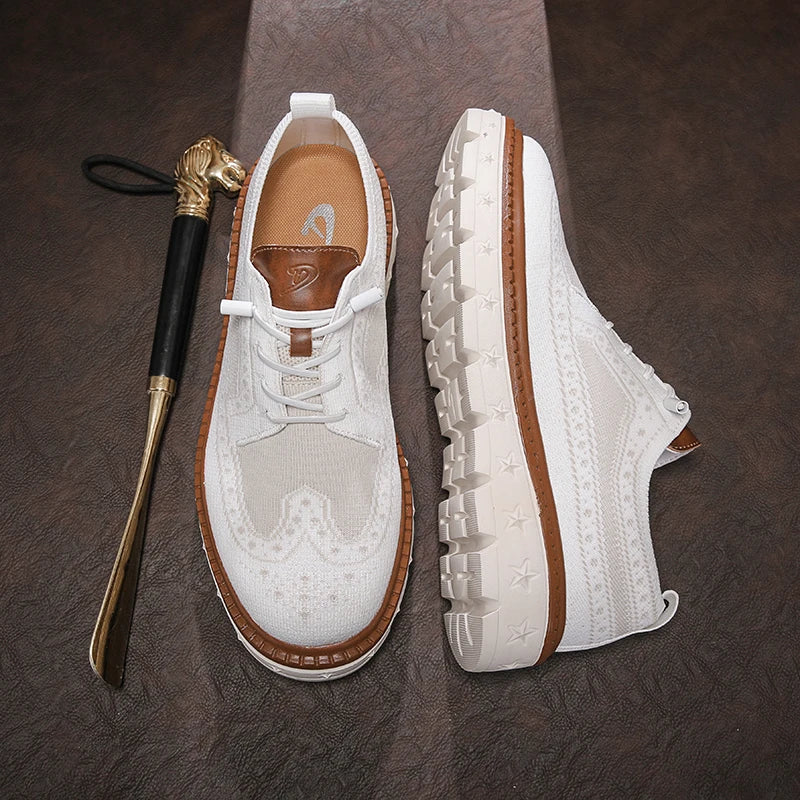 Men's Brogue Knit Oxford Sneakers, Breathable Lightweight Casual Dress Walking Shoes, Soft Cushion Non Slip Platform Fashion Sne