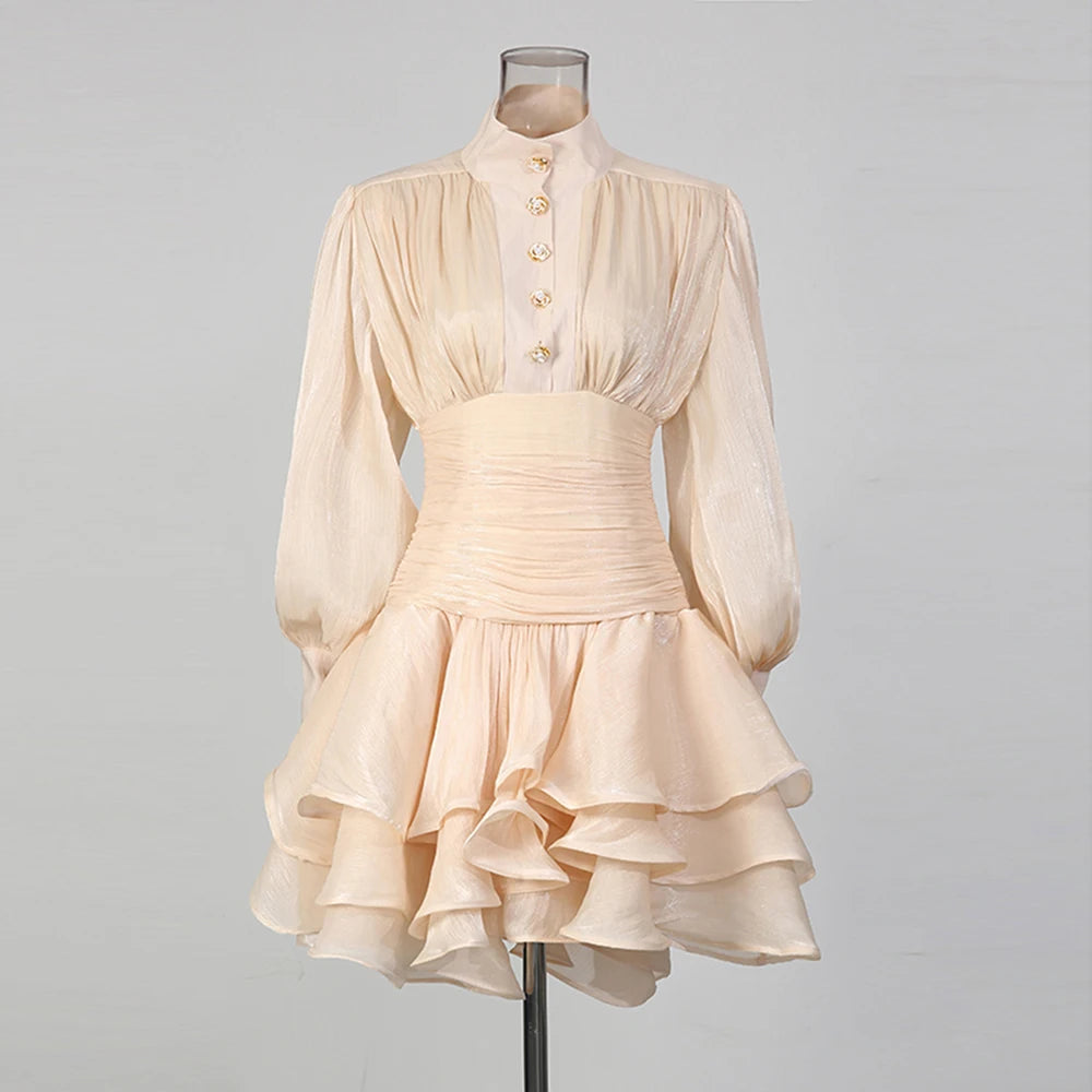 Elegant High Neck Organza Dresses Mini — Pink | KIMLUD