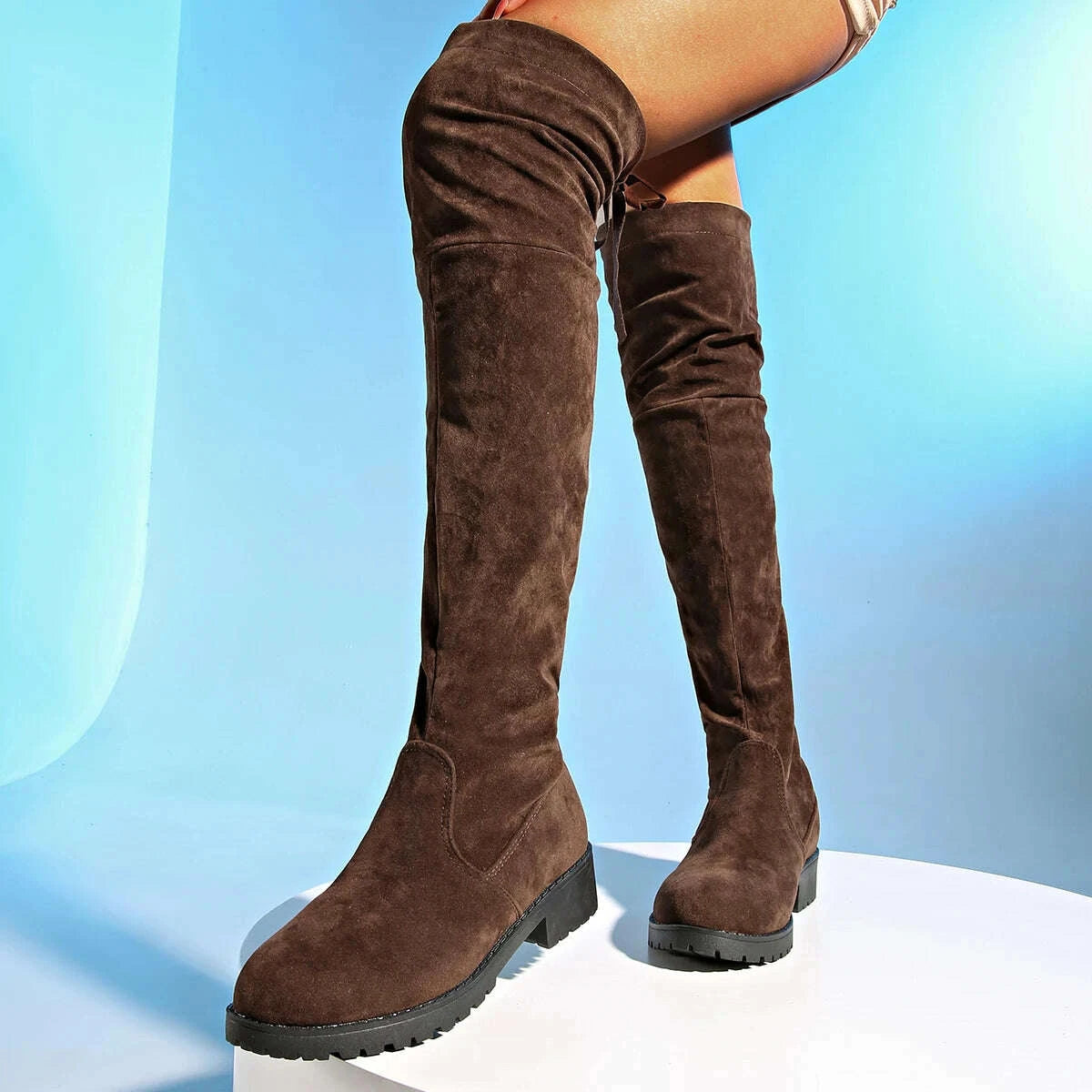 KIMLUD, 2024 New Women Boots Winter brown Over The Knee Boots Comfort Lace Up Chunky High Heels Shoes Fashion Warm Suede Round Toe Boots, KIMLUD Womens Clothes