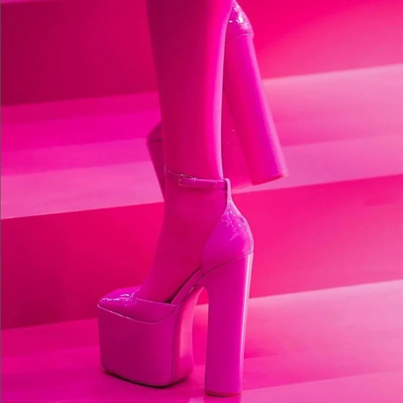 Shiny Patent Leather Platform Heels — Black | KIMLUD