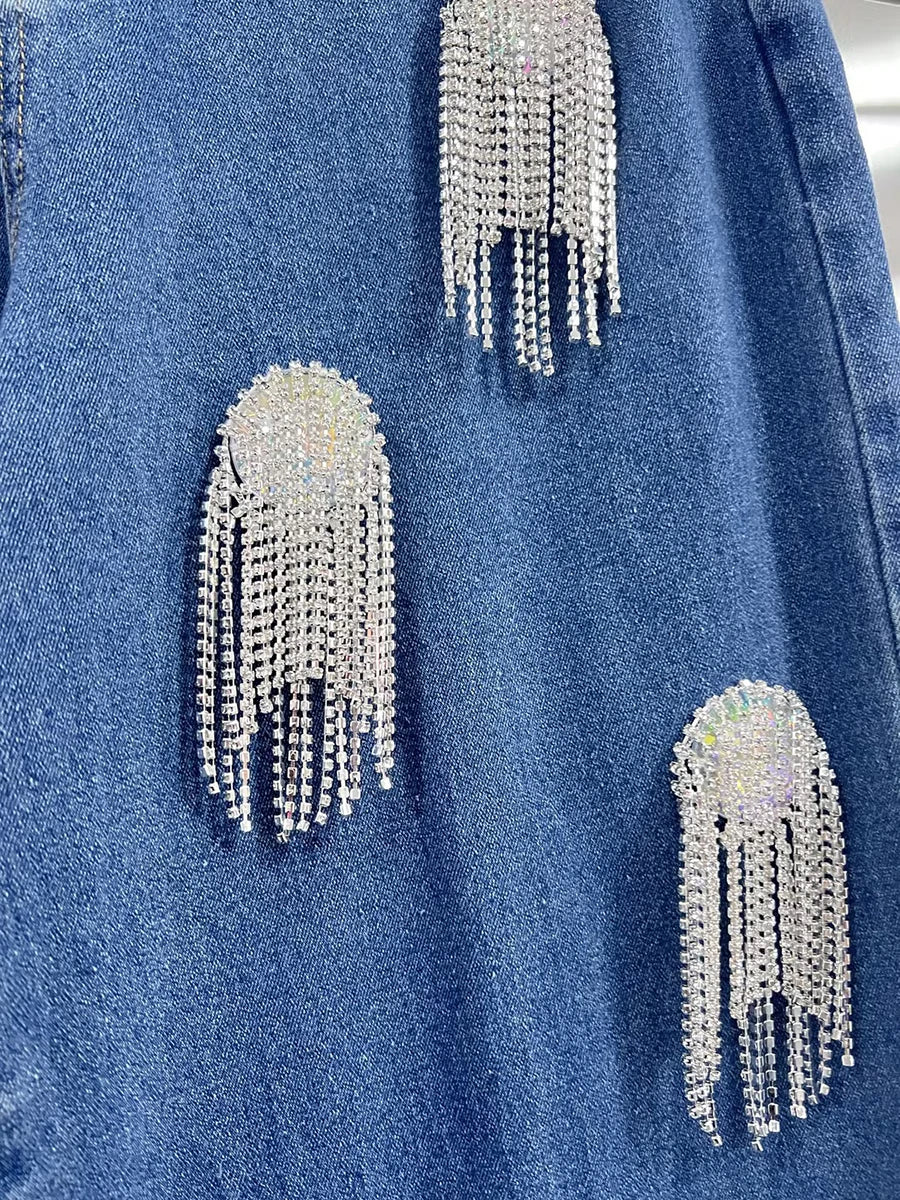 KIMLUD, TWOTWINSTYLE Solid Patchwork Tassel Chic Denim Pants For Women High Waist Spliced Button Wide Leg Straight Pants Female Fashion, KIMLUD Womens Clothes