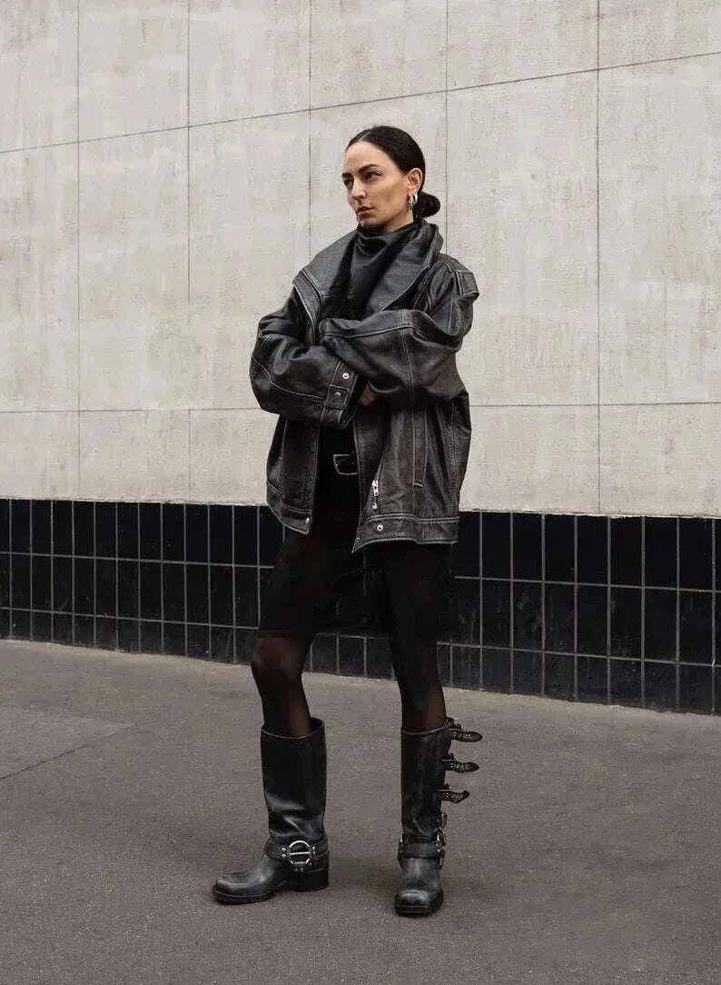 KIMLUD, 2025 Genuine Leather Platform Rivet Motorcycle boots Round toe Belt buckle Block heel mid wide calf Western boots, KIMLUD Womens Clothes