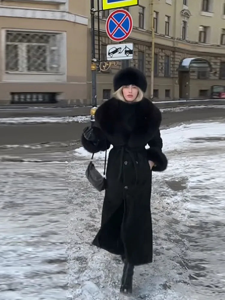 Fur Collar Coats For Woman Belt Long Jackets Winter Outwear Vintage Black Coat Double Breasted Tops Warmed Casual Lady Clothes
