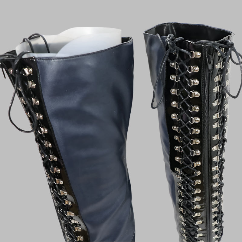 Sorbern Navy Blue Long Boots Women Fetish Style Block High Heel Pointed Toe Lace Up D-Hooks Mid Thigh High Boots Female Shoes