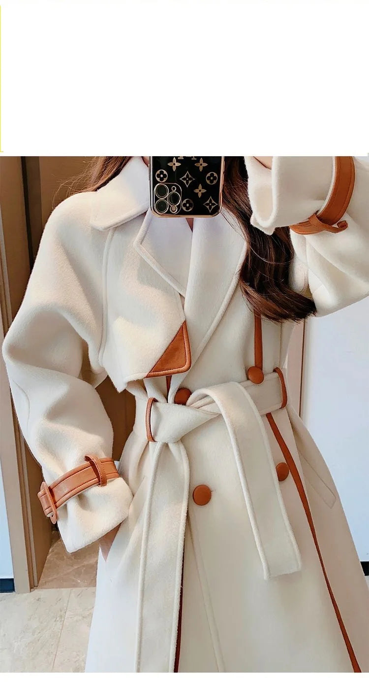 With belt Woolen Coat For women 2024 New Autumn Winter Fashion Slim Temperament Lapel Color blocked Thicken Wool Overcoat Female