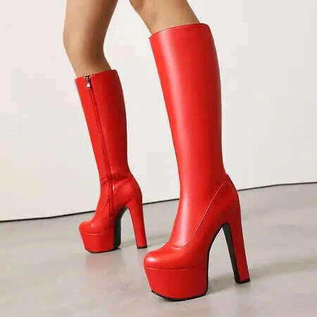 KIMLUD, Black Red White Women Knee High Boots Platform Thick High Heel Ladies Calf Boots PU Leather Square Toe Side Zipper Dress Shoes, KIMLUD Womens Clothes