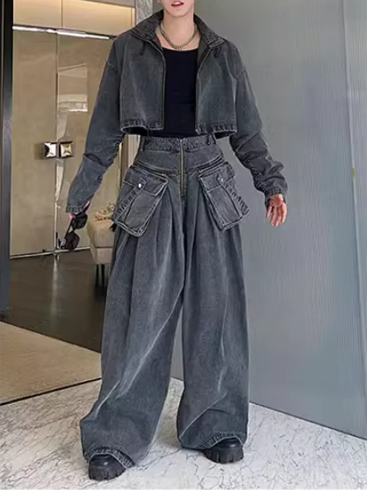 CHICEVER Denim Women's Sets For Women Lapel Long Sleeve Spliced Drawstring Tops High Waist Oversize Jeans Solid Set Female 2024 - KIMLUD