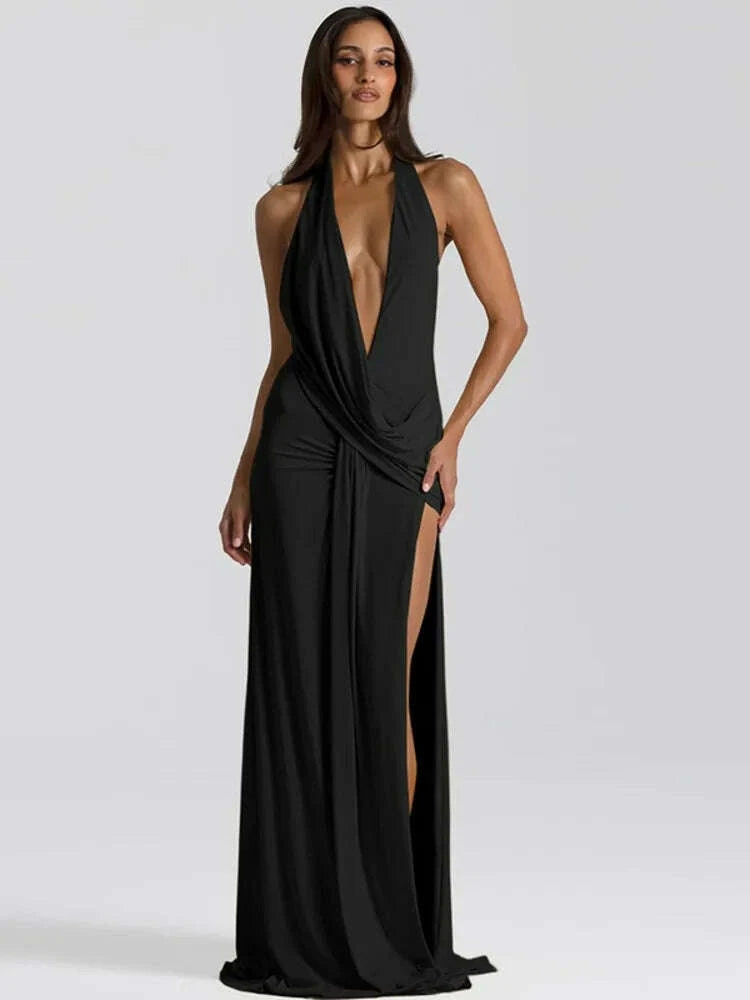 KIMLUD, Mozision Halter Deep V Neck Backless Sexy Maxi Dress Women Gown Fashion Irregular Sleeveless Thigh High Split Club Party Dresses, KIMLUD Womens Clothes