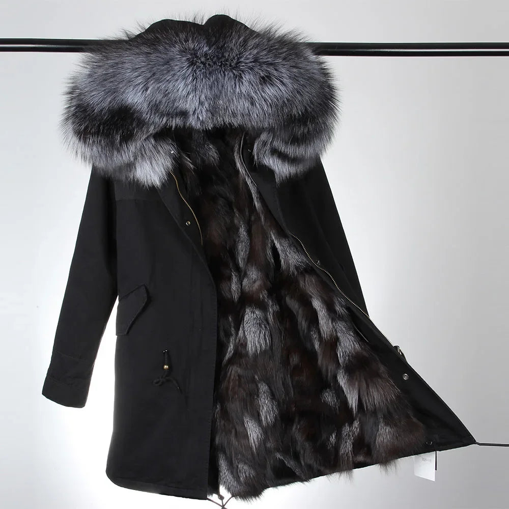 Maomaokong Winter Women's Fur Jacket Long Outdoor Tops Real Fox Fur Collar Inner Fur Lining Parka Natural Silver Fox Women Coat