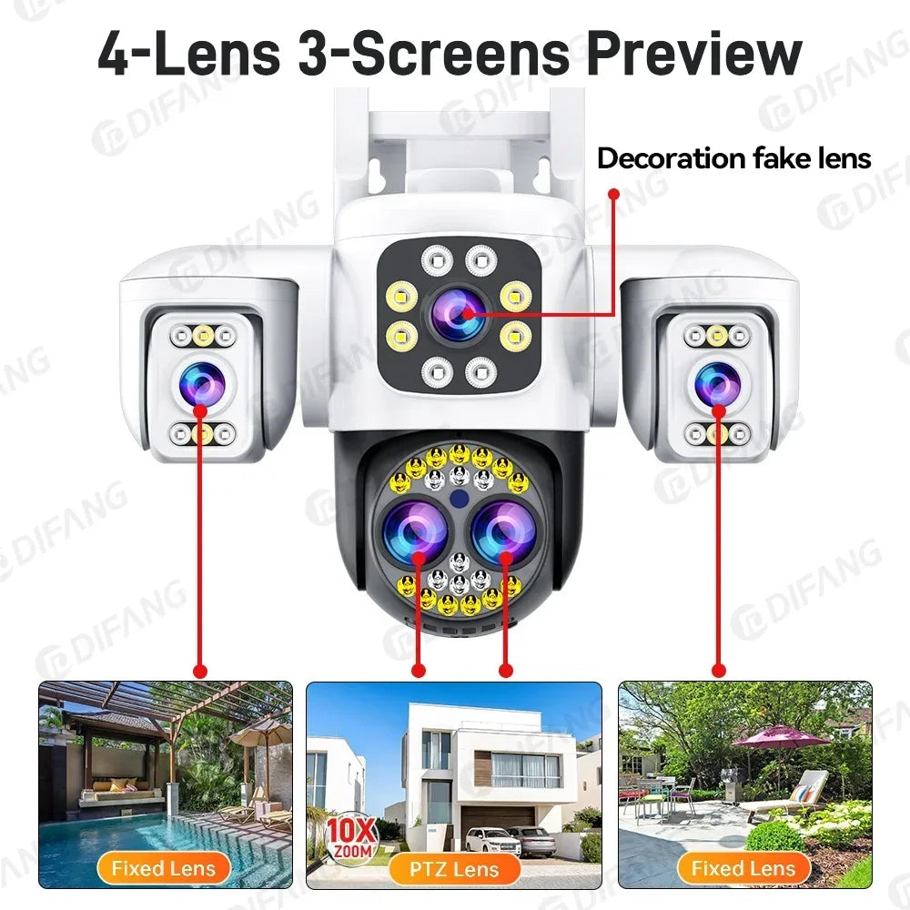 8K 16MP CCTV Wireless WiFi IP Camera Outdoor Four Lens Triple Screen Video Surveillance PTZ Yoosee Onvif Home Security Camera