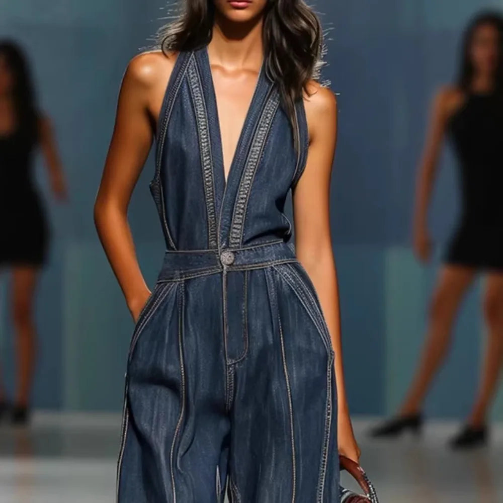 Faux Denim Jumpsuits & Rompers Halter Neck Sleeveless Wide-Leg — Blue | KIMLUD
