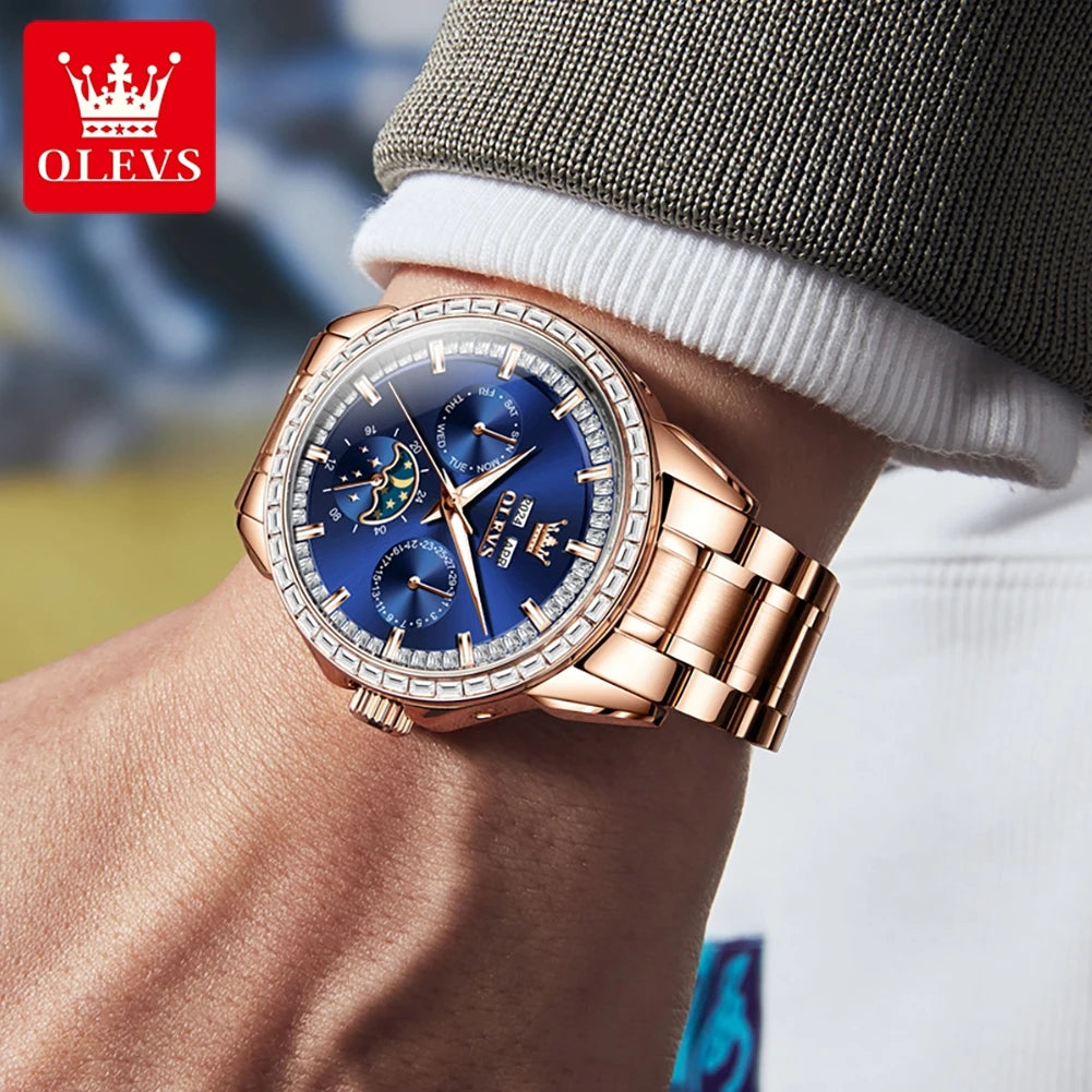 Moon Phase Automatic Rose-Gold Tone Stainless Steel Watch — Cobalt Blue | KIMLUD