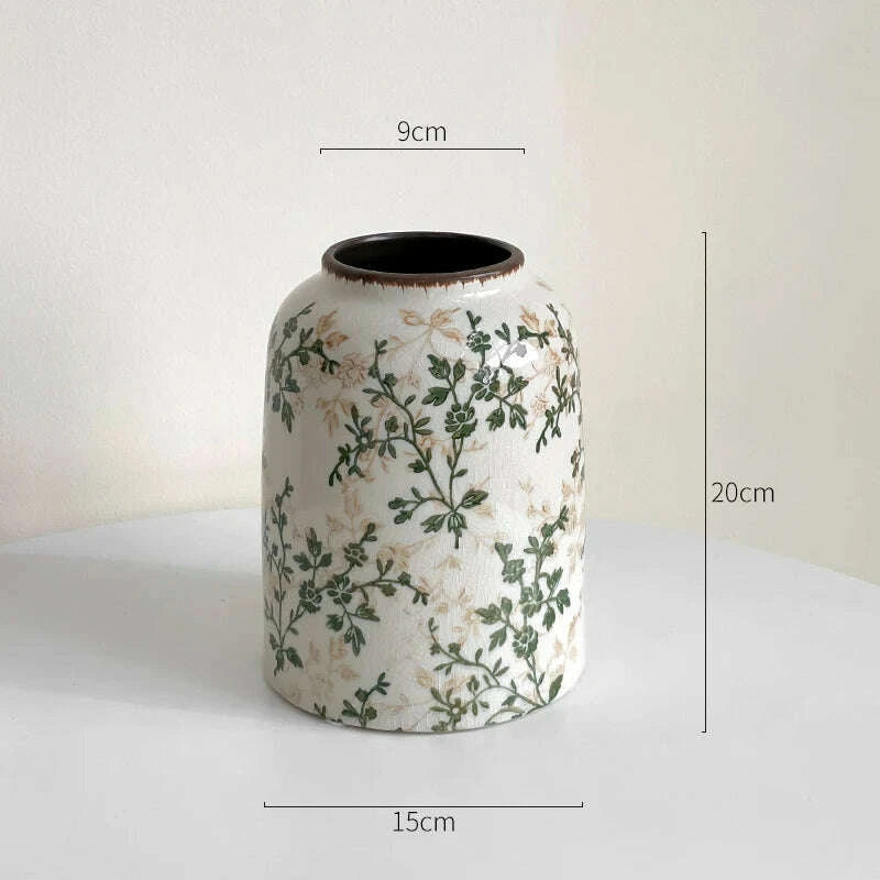 KIMLUD, New Chinese pastoral green retro ceramic vase flower arrangement hydroponics living room dining table creative ornament, KIMLUD Womens Clothes
