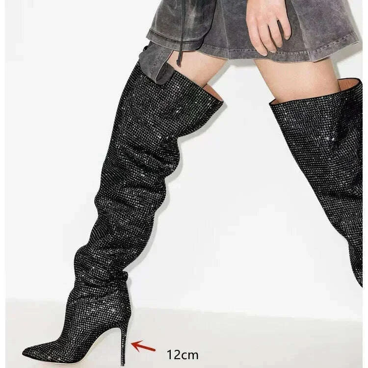 KIMLUD, High quality European and American knee length rhinestone pile boots for women's sexy slim high heeled pointed runway boots, KIMLUD Womens Clothes