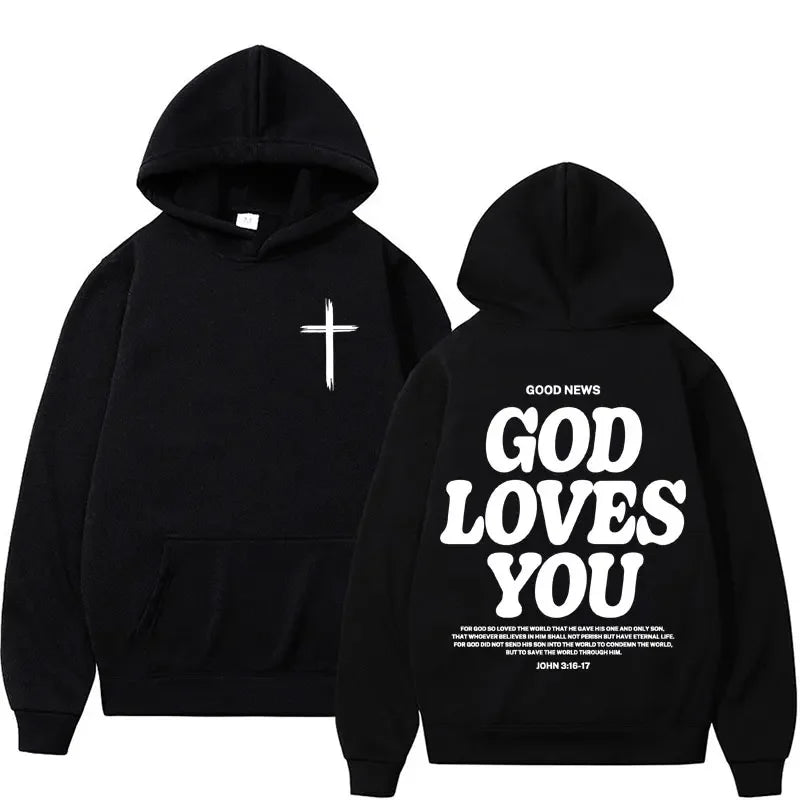 Hooded Sweatshirt – Bible Verse God Loves You – Vintage Streetwear | KIMLUD