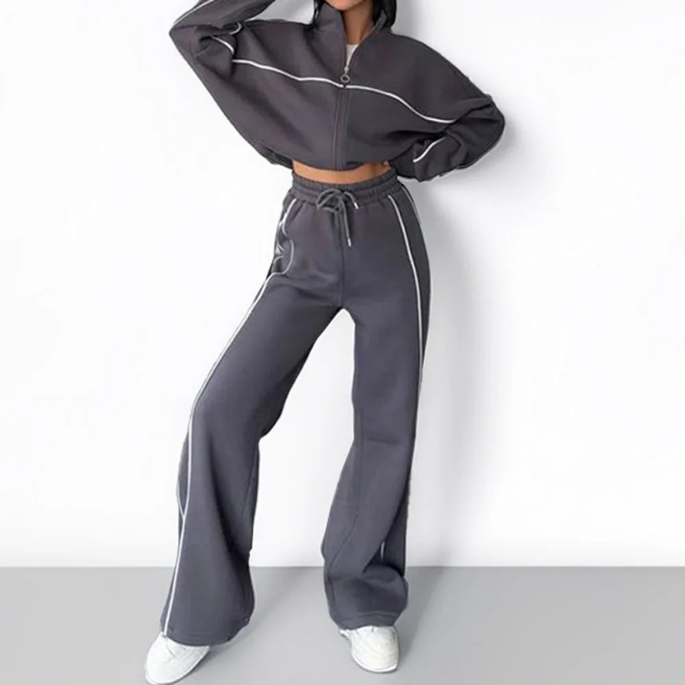 Polyester Tracksuit Set — Hooded Jacket With Pockets Two-Piece For Autumn Office Wear — Black | KIMLUD