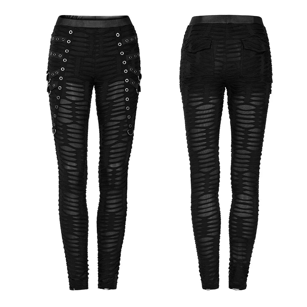 PUNK RAVE Women's Gothic Decayed Slim-fit Leggings Punk Meta Eyelets Webbing Personality Thin Black Pants Spring/summer